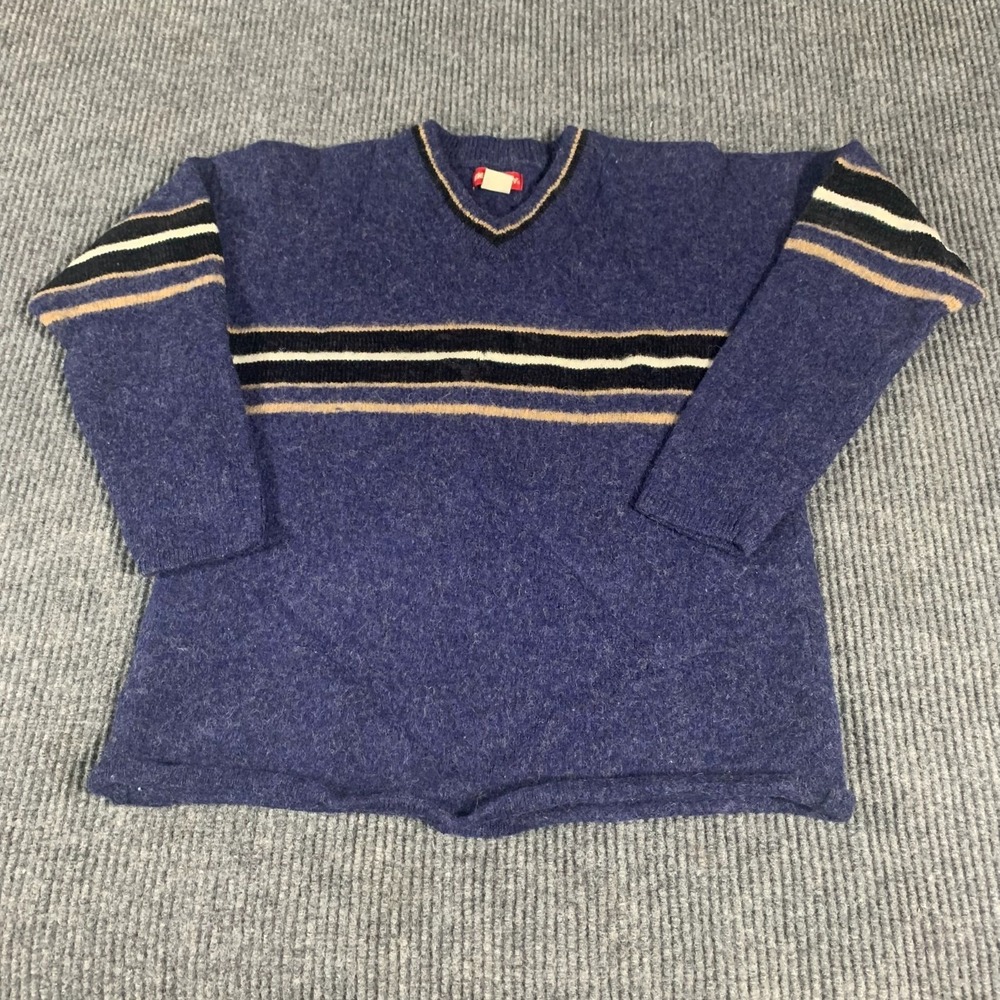 VTG Unionbay Sweater Mens Medium Blue‎ Striped V Neck Retro Y2K Slim Fit Preppy